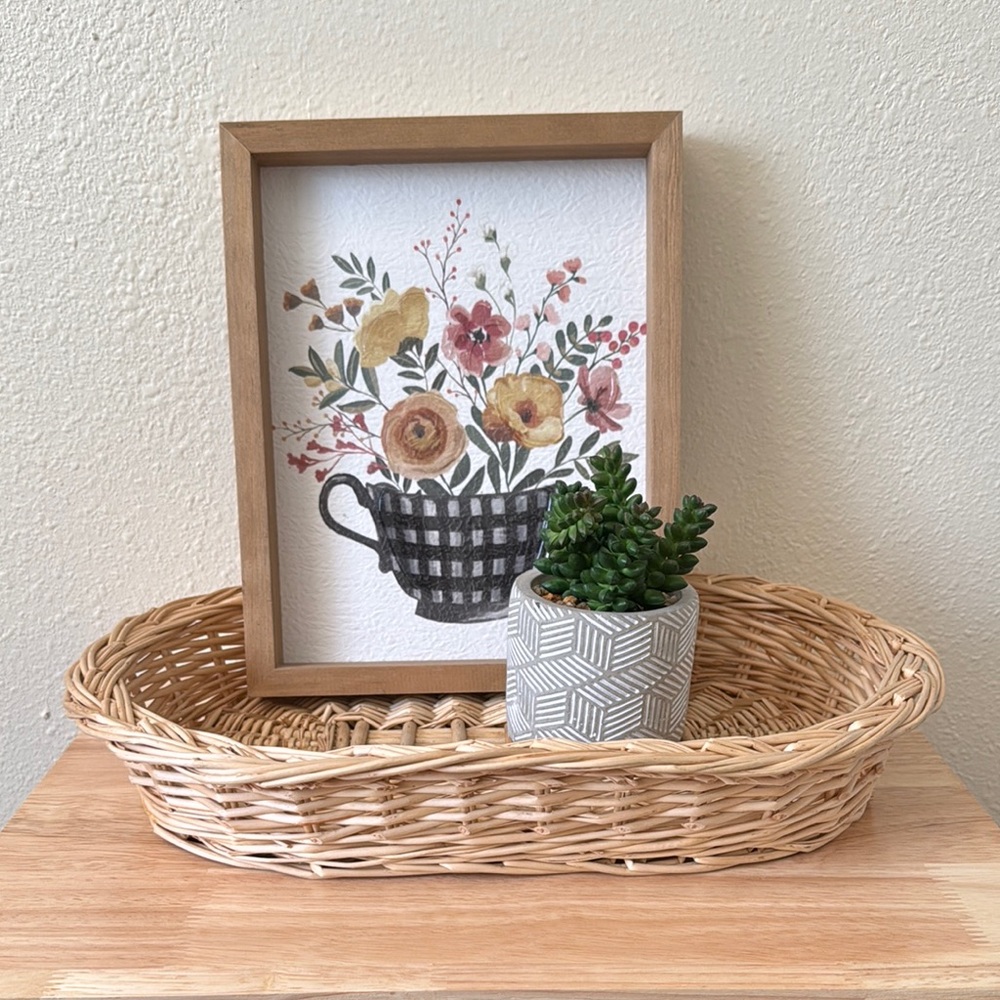 Bundle of 3 Home Décor Items Basket Plant Floral Wall Art